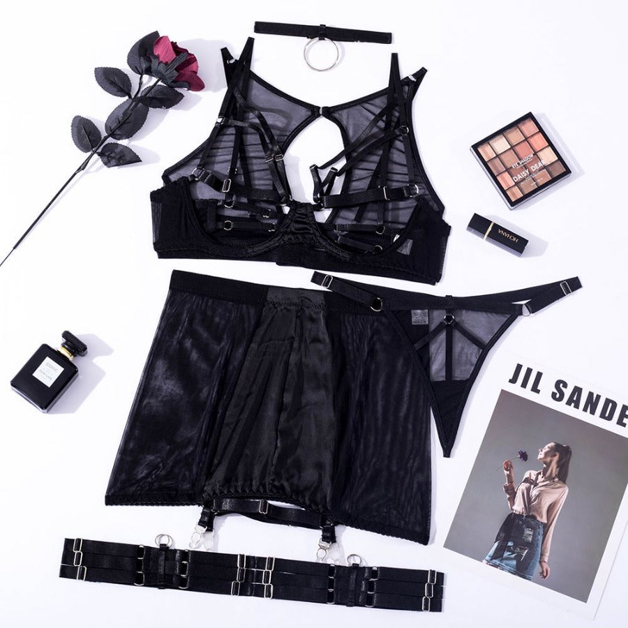 Ensemble de lingerie sexy 5 pièces en résille moulante