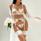 Carsine Embroidered Mesh Sexy Lingerie Garter 4-Piece Set G string Thong White / XS