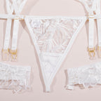 Embroidered Push-Up Sexy Lingerie and Garter 4 Pcs Set G string Thong