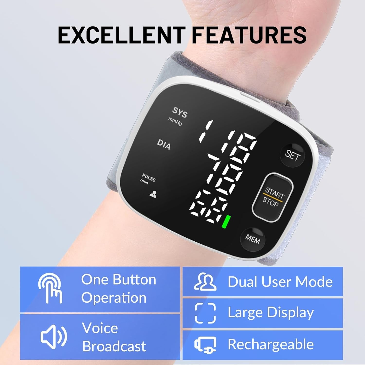 Carsine Blood Pressure Monitor Rechargeable Blood Pressure Monitors for Home Use Adjustable Automatic Wrist Cuff Voice Broadcast 2 * 120 Reading Memory for 2 Users with Carrying Case Black