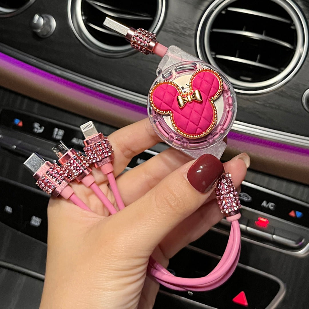 Câble de charge et de données rétractable Mickey Rhinestone pour voiture