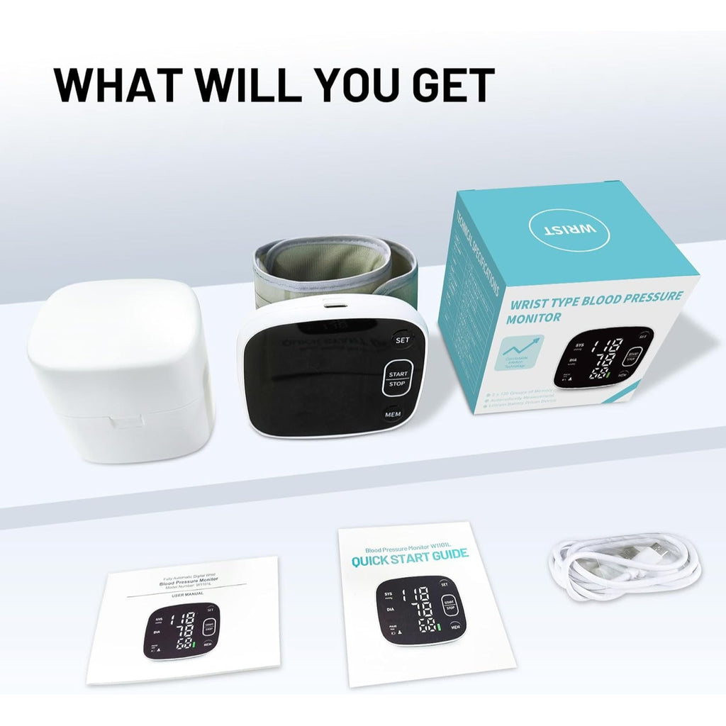 Carsine Blood Pressure Monitor Rechargeable Blood Pressure Monitors for Home Use Adjustable Automatic Wrist Cuff Voice Broadcast 2 * 120 Reading Memory for 2 Users with Carrying Case Black