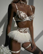 Hem embroidered bra garter three piece set G string Thong