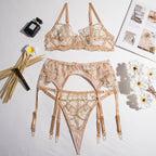 Carsine Gold Gathered See-Through Sexy Lingerie 3-Piece Set G string Thong Gold / S