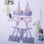 4-teiliges Dessous-Set aus besticktem Mesh-Patchwork, bestehend aus G-String und Tanga