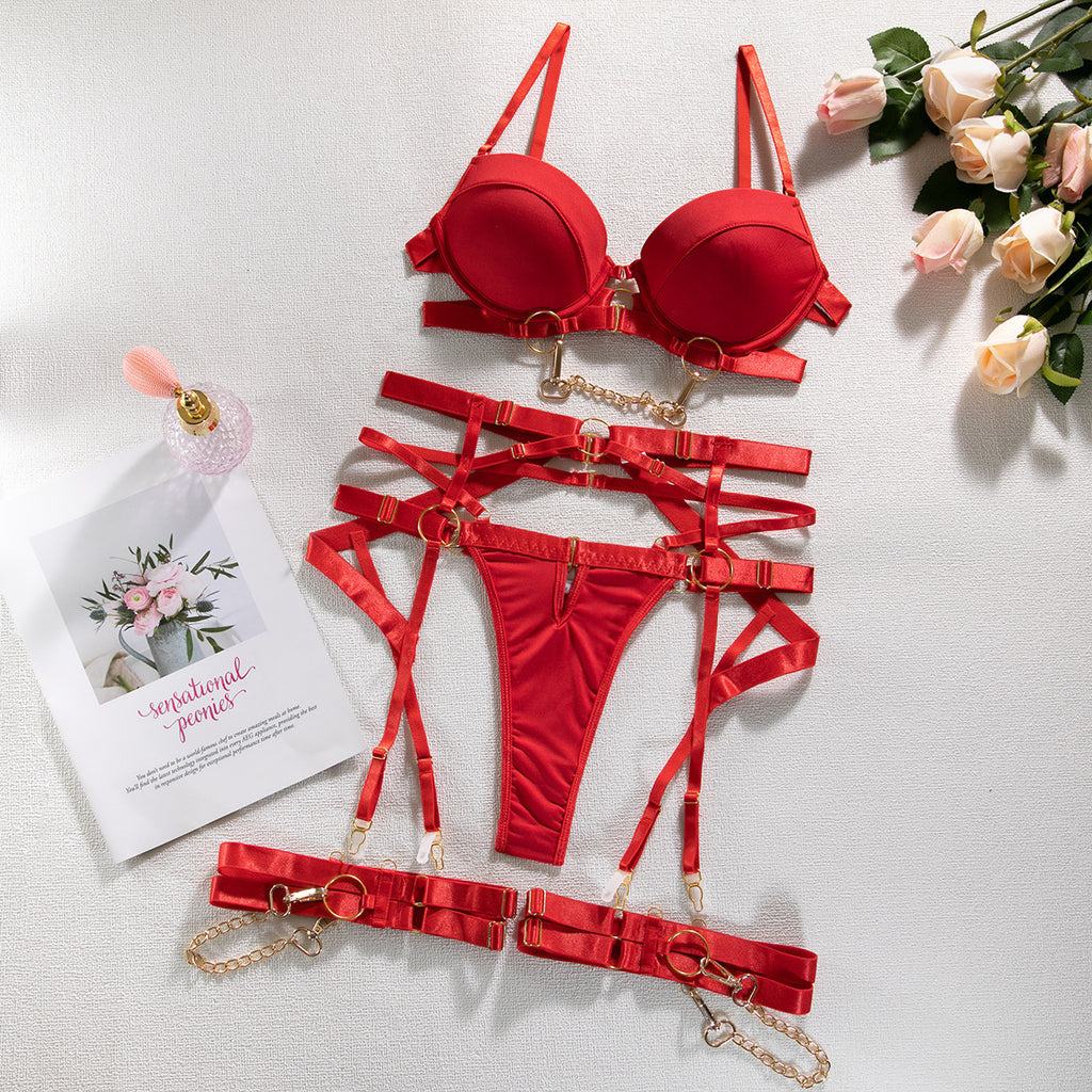 Carsine Metal chain accessories pure sexy lingerie four-piece set G string Thong Red / S
