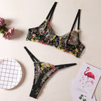 Carsine Floral Bra Thong 2-Piece Set G string Thong Black / S