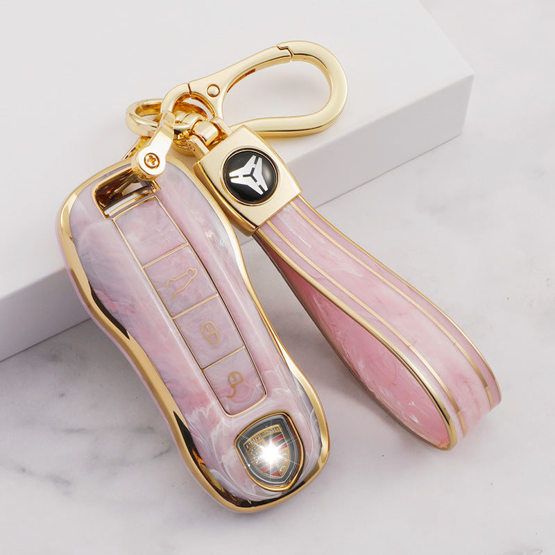 Carsine Porsche Car Key Case Gold Inlaid With Jade Pink / Key case + strap