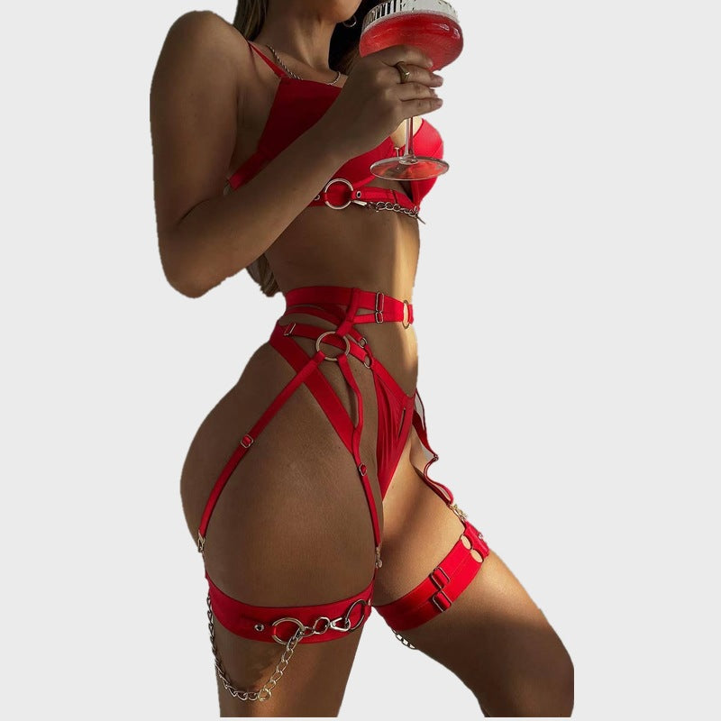 Carsine Metal chain accessories pure sexy lingerie four-piece set G string Thong Red / S