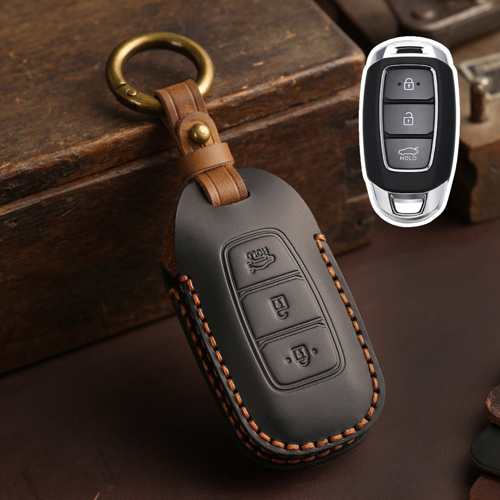 Carsine Hyundai Elantra Leather Car Key Cover 3 Button Black / 3 Button