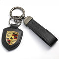 Carsine Genuine Leather Porsche Crest Keychain Black