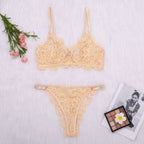 Carsine Gold Lace suspenders gathered sexy lingerie 2 Pcs set Gold / XS