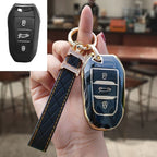 Carsine Citroen Peugeot Car Key Case Golden Edge Black / Key case + strap
