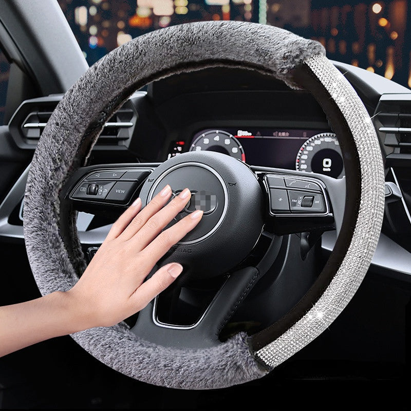 Carsine Rhinestone Plush Steering Wheel Cover Grey / 14.96 in / 38cm