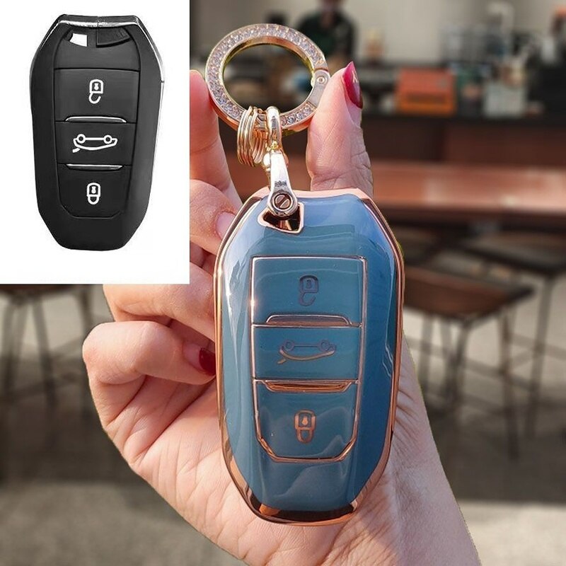 Carsine Citroen Peugeot Car Key Case Golden Edge Grey / Key case + O chain